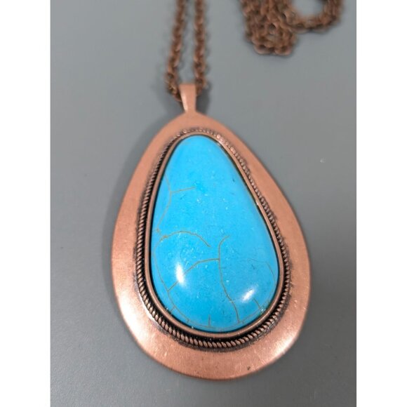 Copper Tone Faux Turquoise Teardrop Stone Cabochon Long Statement Neckalce 38" - Picture 1 of 7